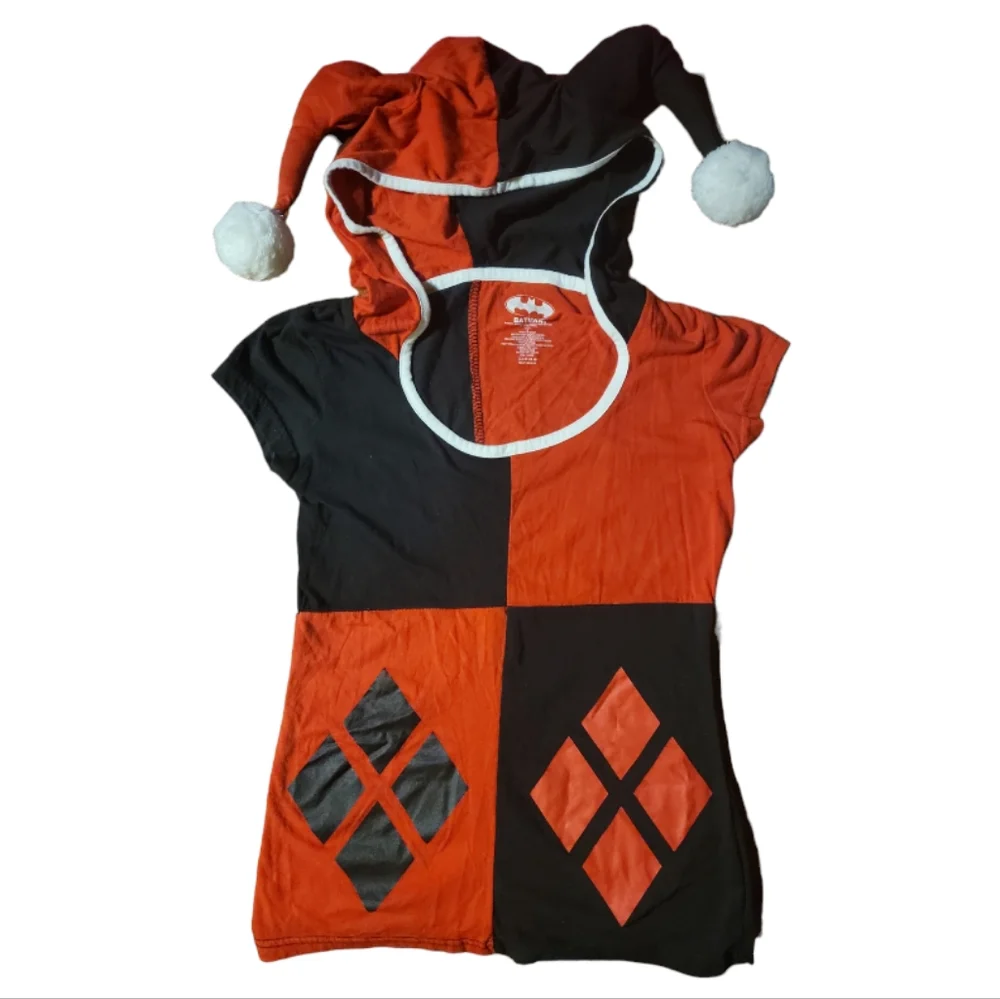 DC Comics Harley Quinn Costume Hooded T-Shirt Joker Halloween Batman Sz S